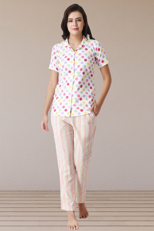 Vibrant Multi-Colored Polka Dot Night Suit