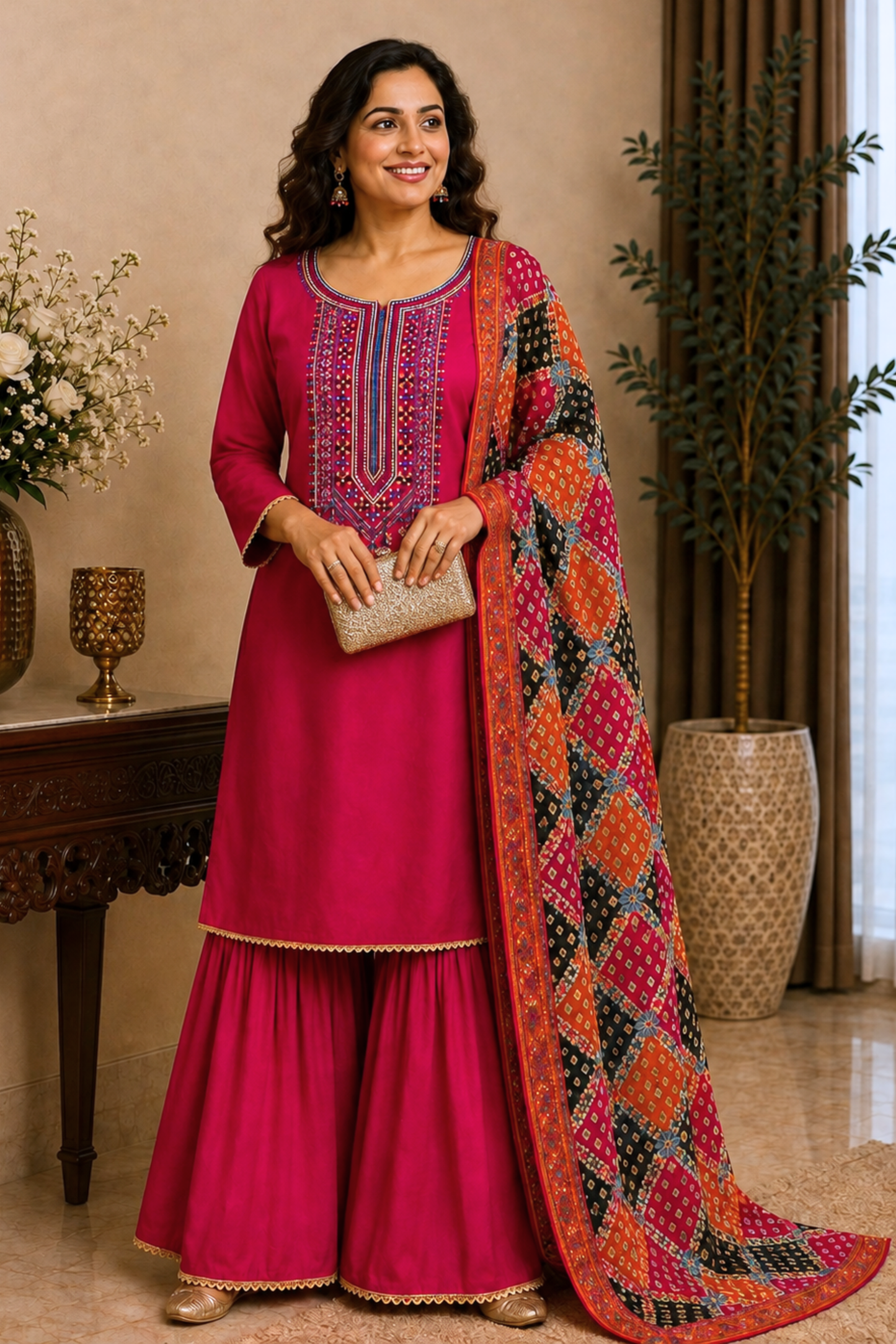 Vibrant Magenta Silk Suit Set