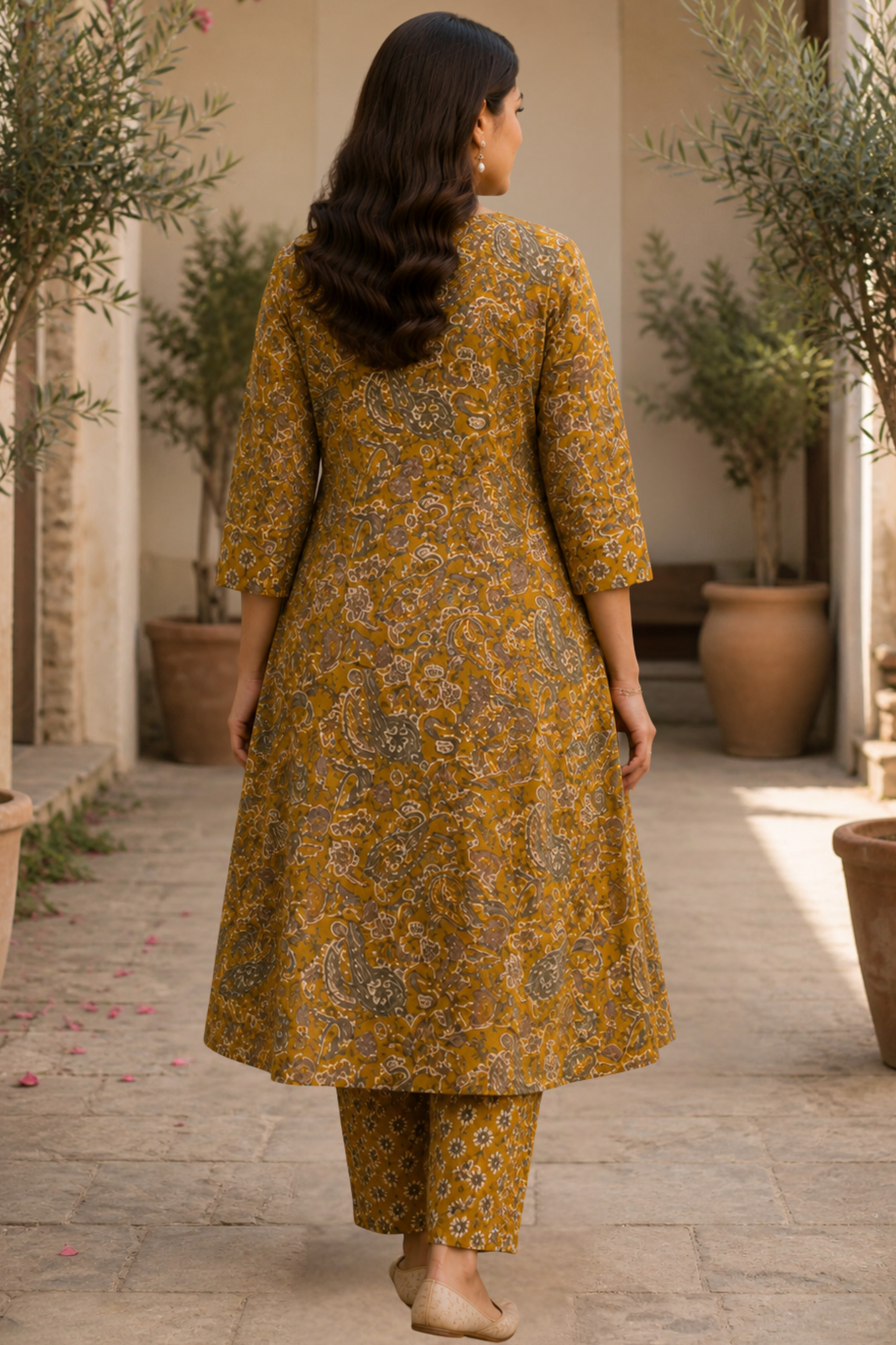 Vintage Mustard Kali Kurta With Cotton Pants
