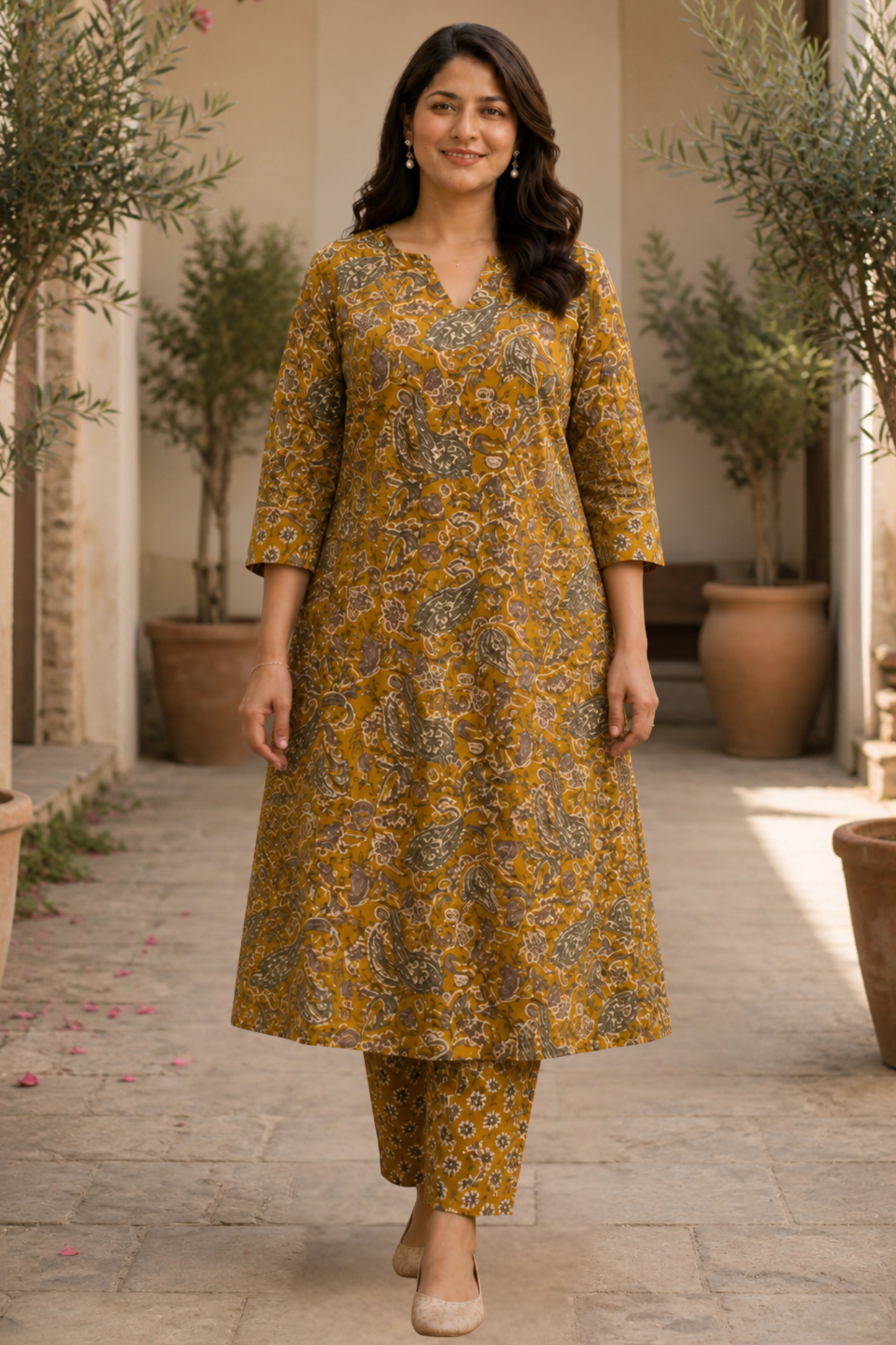 Vintage Mustard Kali Kurta With Cotton Pants