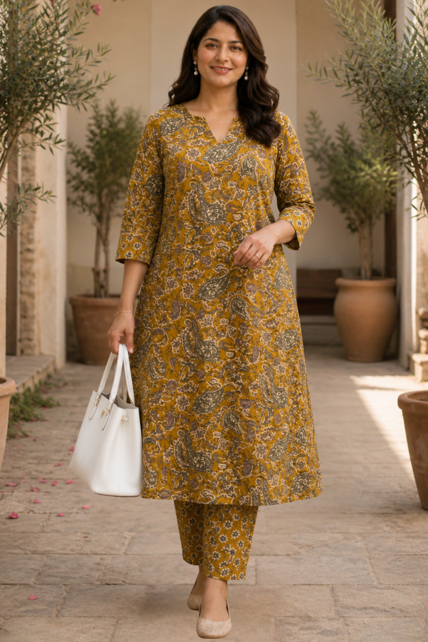 Vintage Mustard Kali Kurta With Cotton Pants