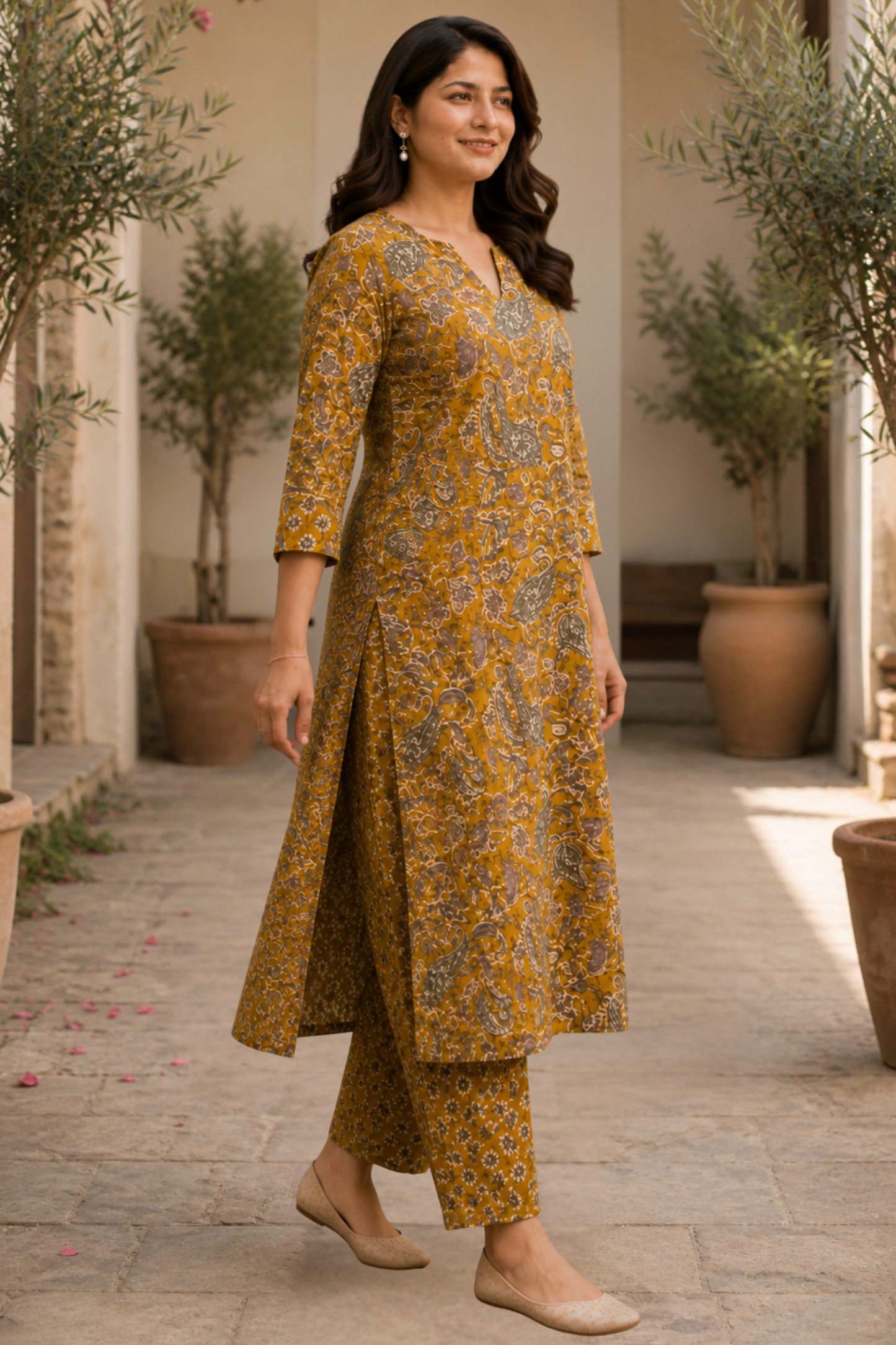 Vintage Mustard Kali Kurta With Cotton Pants
