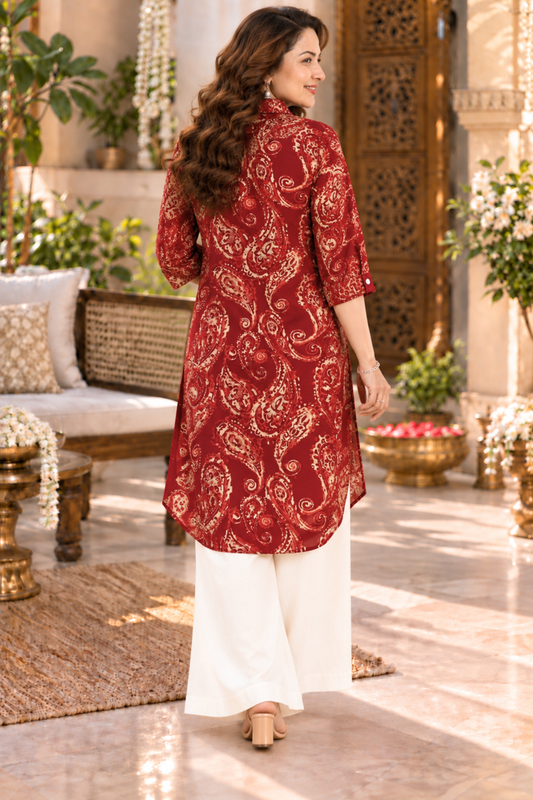 Maroon Paisley Printed Kurta With Pockets