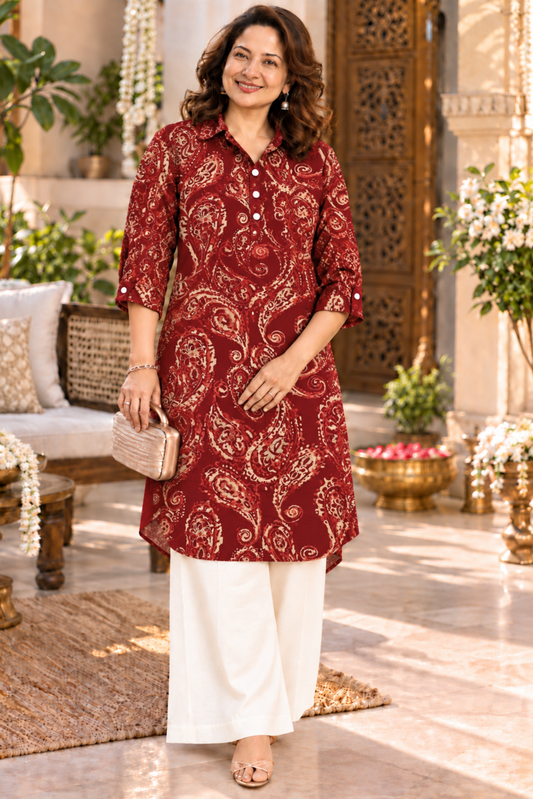 Maroon Paisley Printed Kurta With Pockets