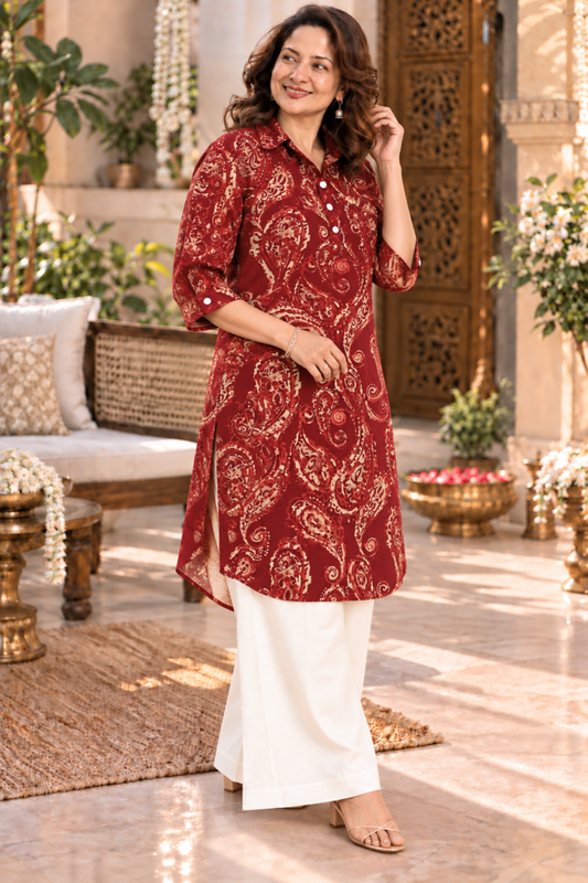 Maroon Paisley Printed Kurta With Pockets