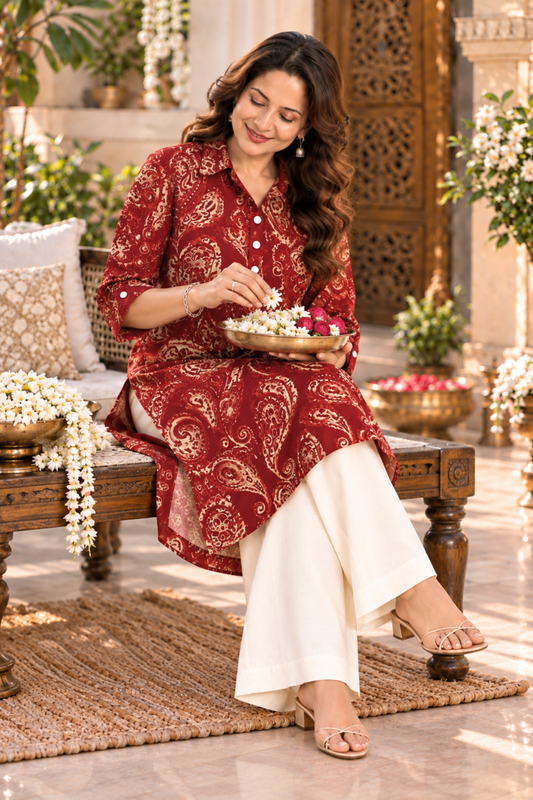 Maroon Paisley Printed Kurta With Pockets