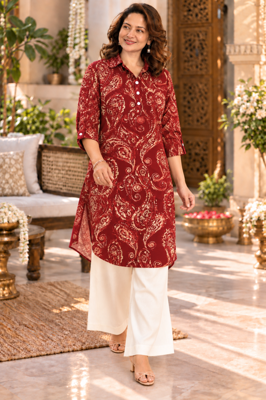 Maroon Paisley Printed Kurta With Pockets