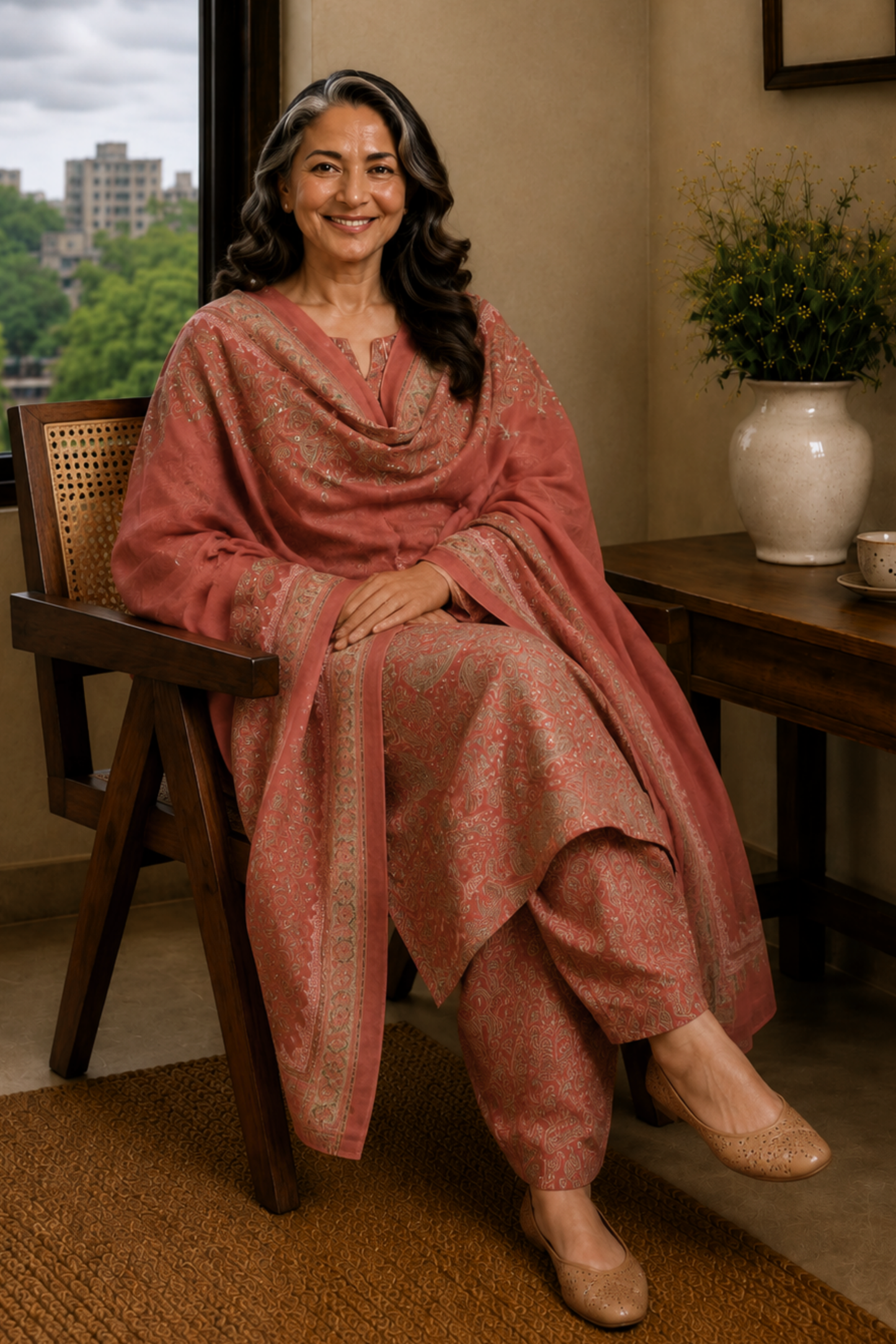 Vintage Wood Foiled Cotton Kurta With Pants