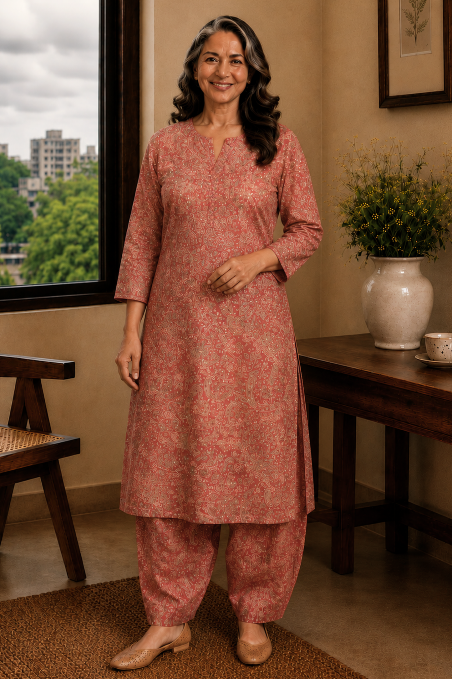Vintage Wood Foiled Cotton Kurta With Pants