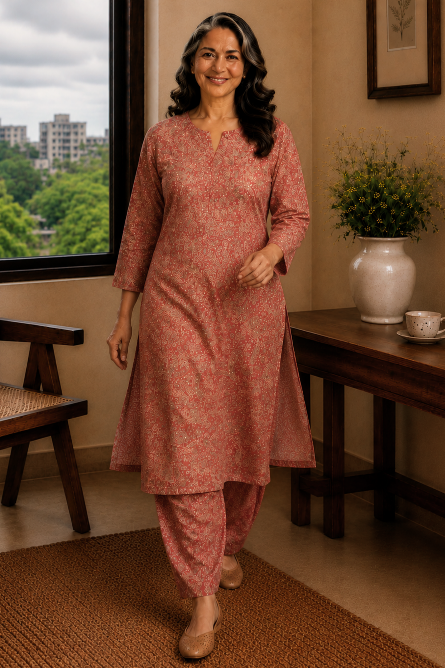 Vintage Wood Foiled Cotton Kurta With Pants