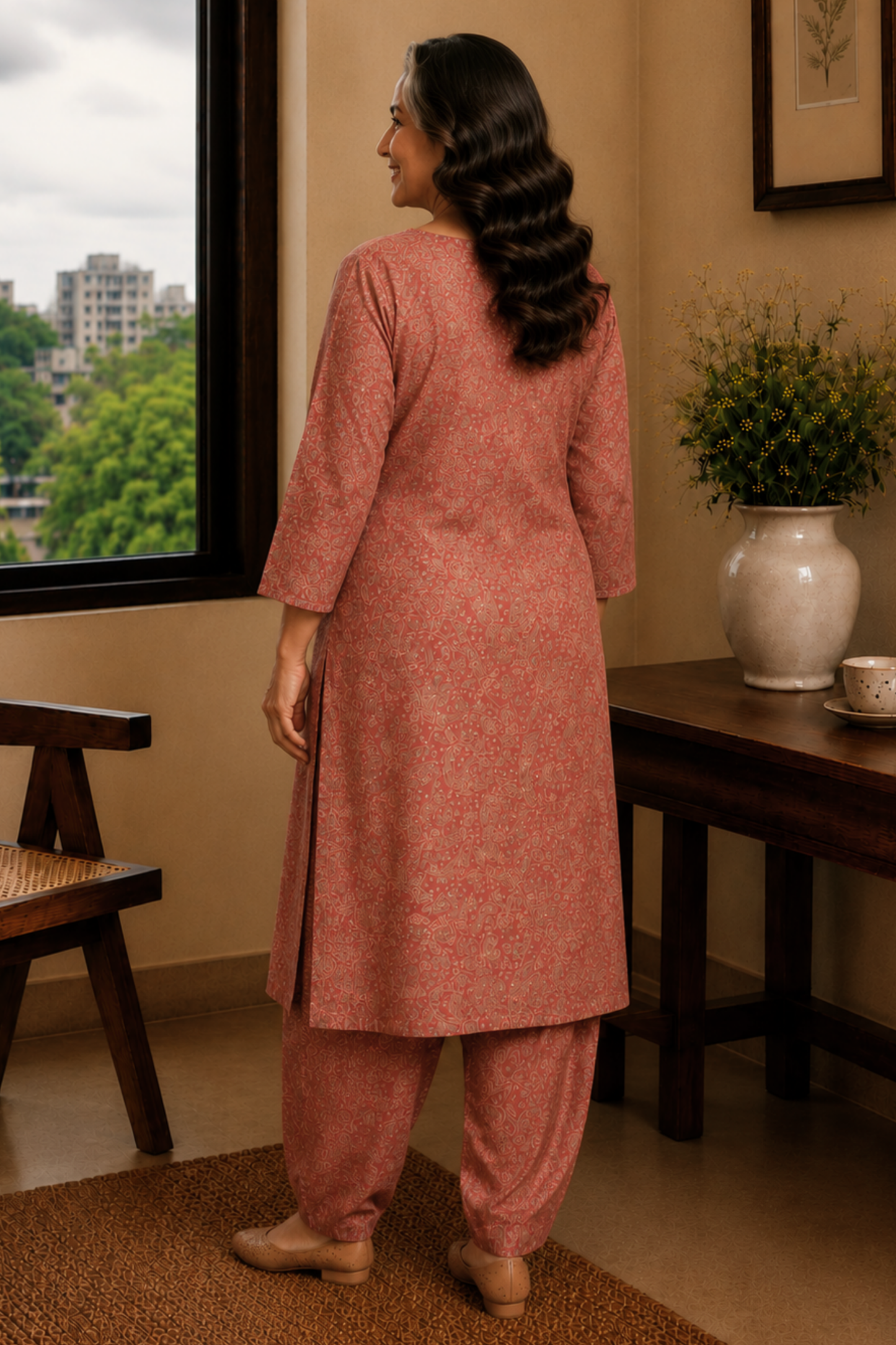 Vintage Wood Foiled Cotton Kurta With Pants