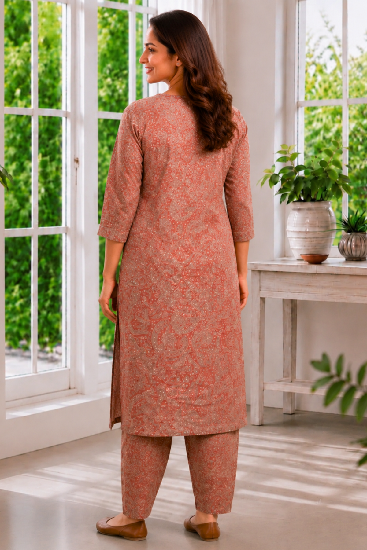 Vintage Wood Foiled Cotton Kurta With Pants
