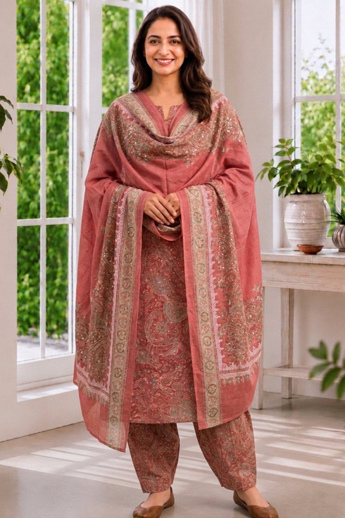Vintage Wood Foiled Cotton Kurta With Pants