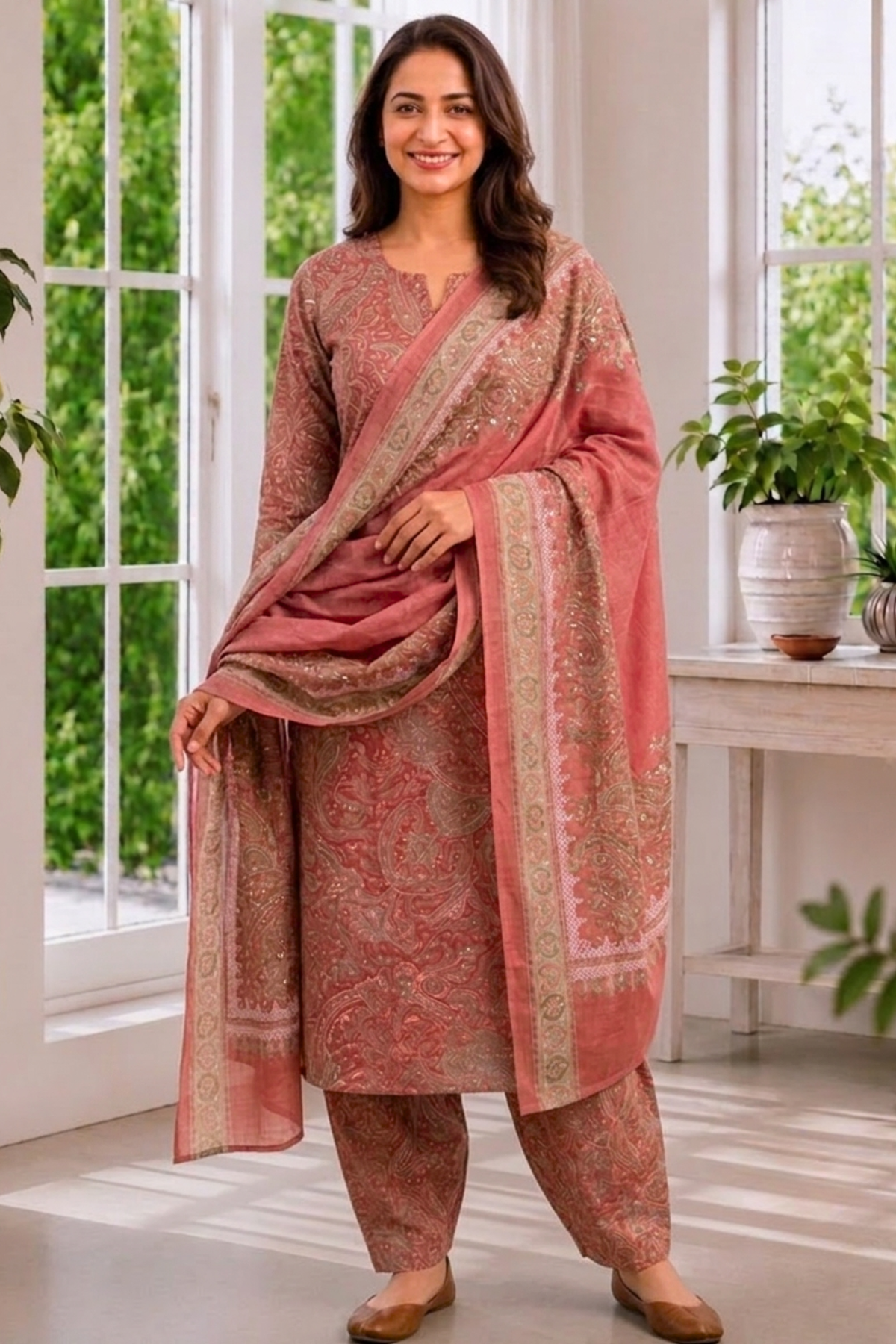 Vintage Wood Foiled Cotton Kurta With Pants
