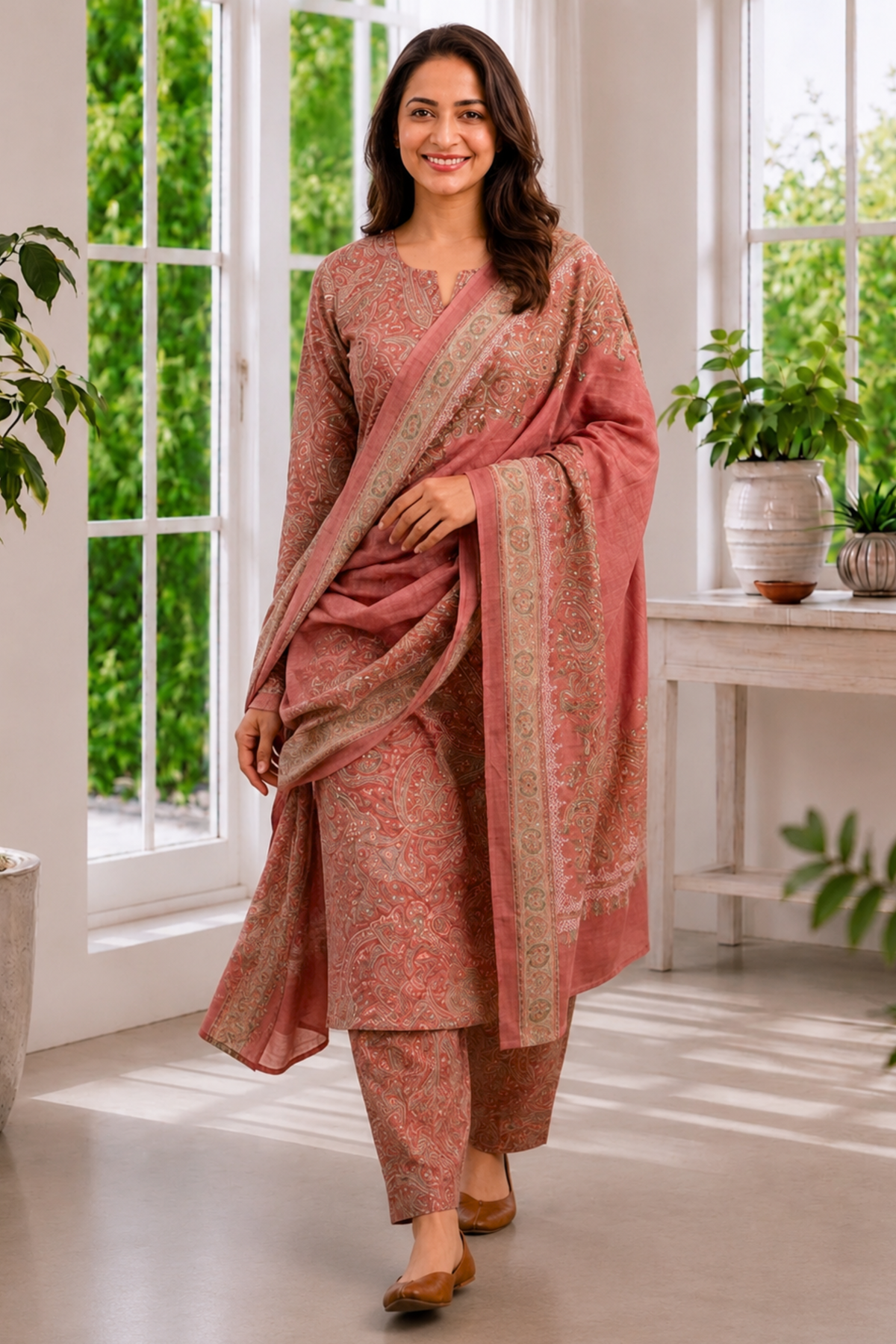 Vintage Wood Foiled Cotton Kurta With Pants