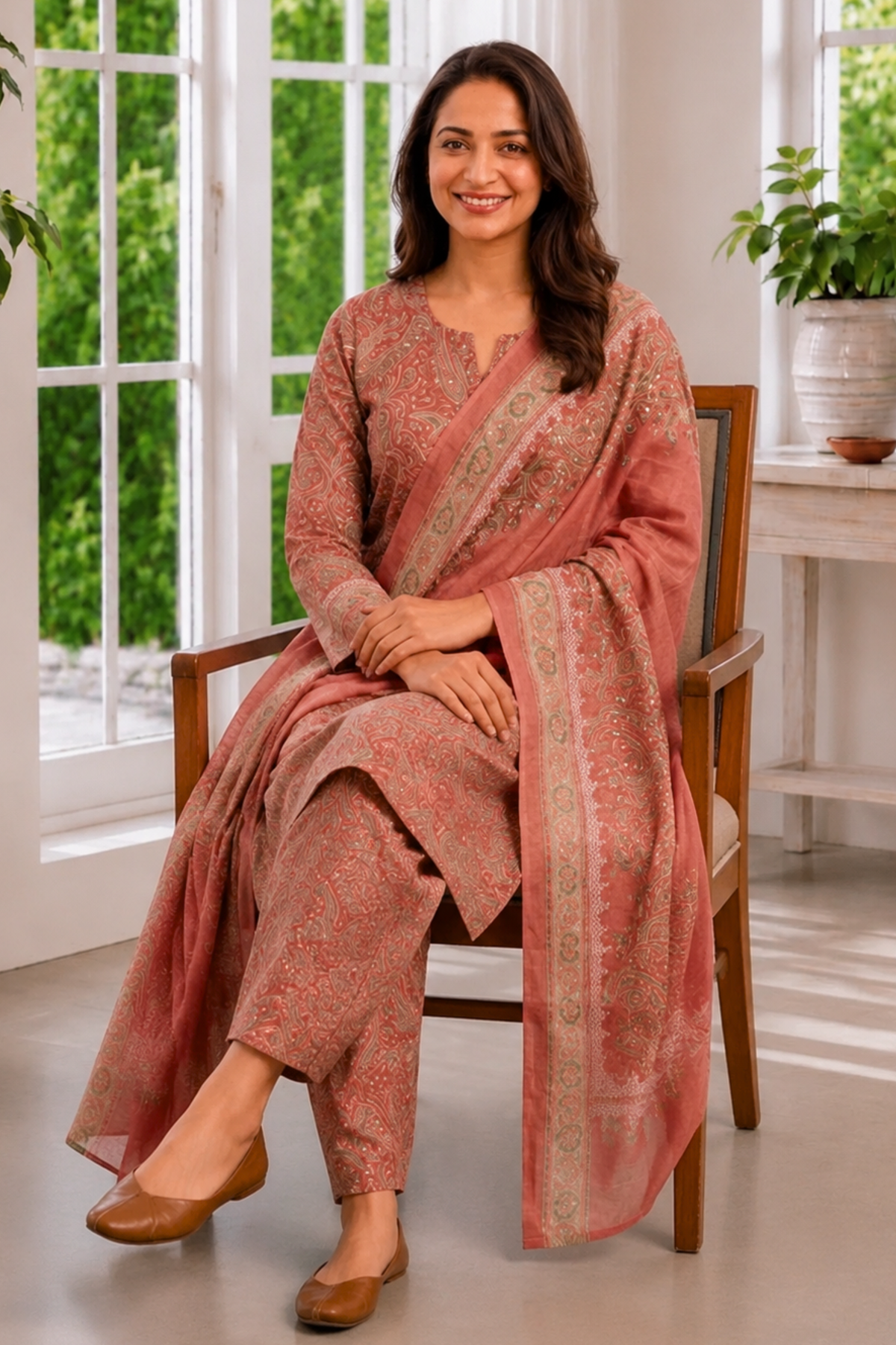 Vintage Wood Foiled Cotton Kurta With Pants