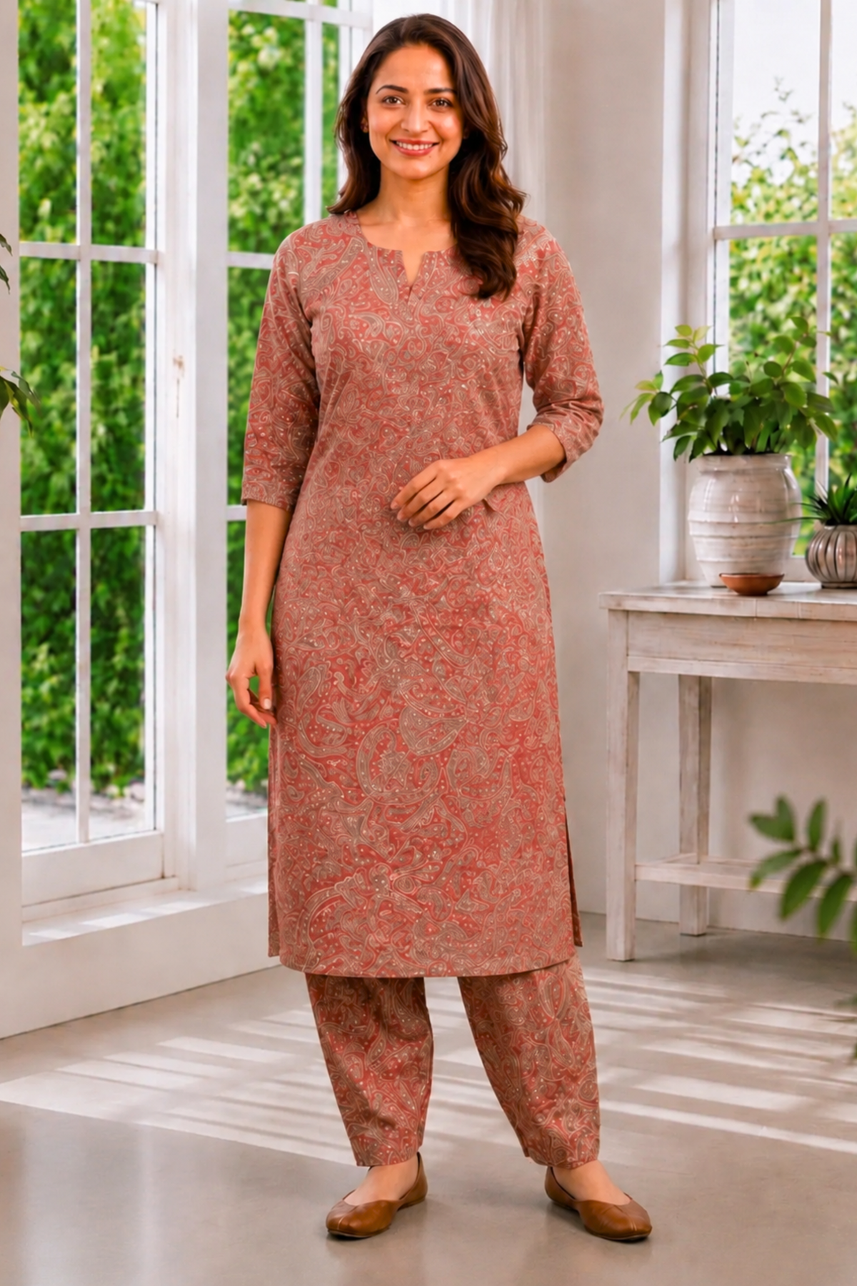 Vintage Wood Foiled Cotton Kurta With Pants