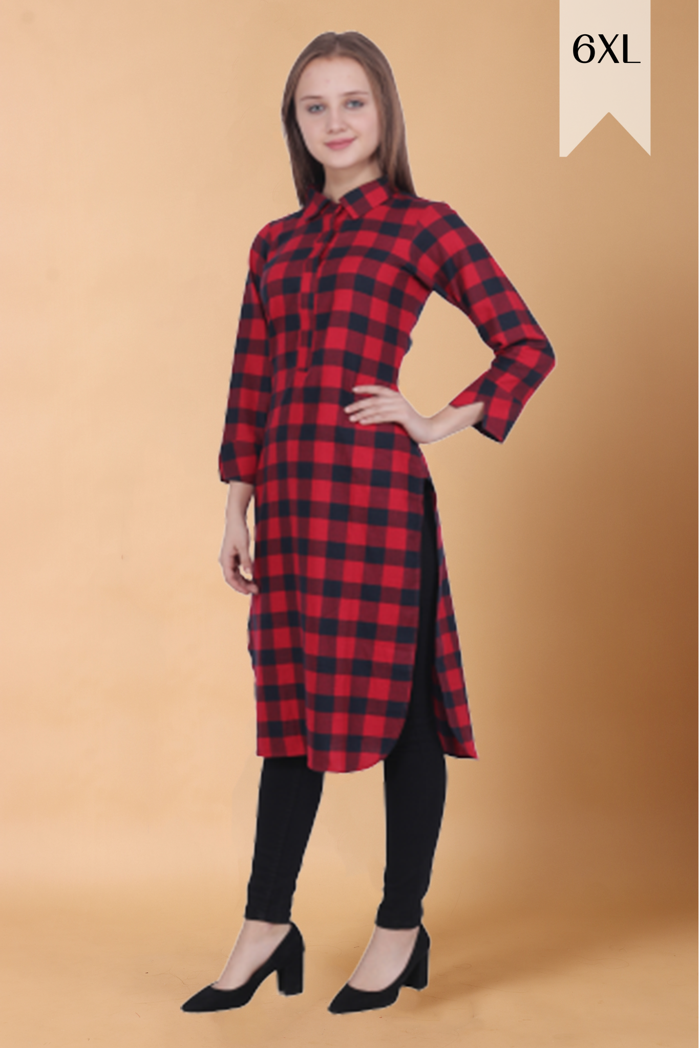 Buy Plus Size ​Red Grid Woollen Kurti At Apella | Sizes XS to 10 XL | India | Free Delivery | Customized