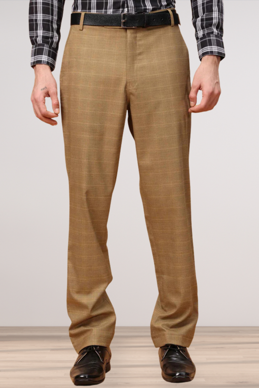 Warm Beige Checked Formal Trousers
