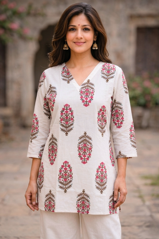 White Block Print Kurta