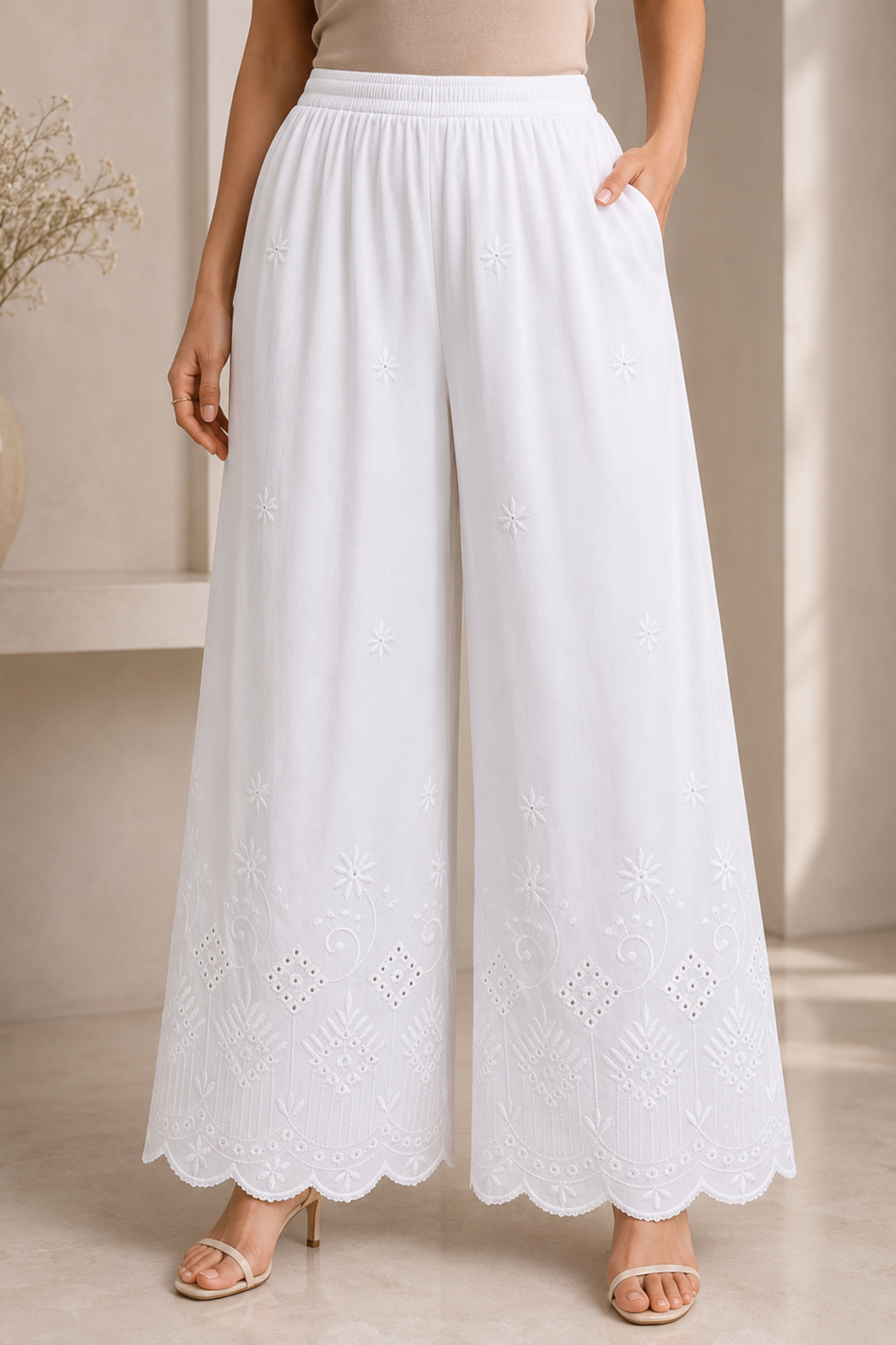 White Chikankari Flared Palazzo Pant