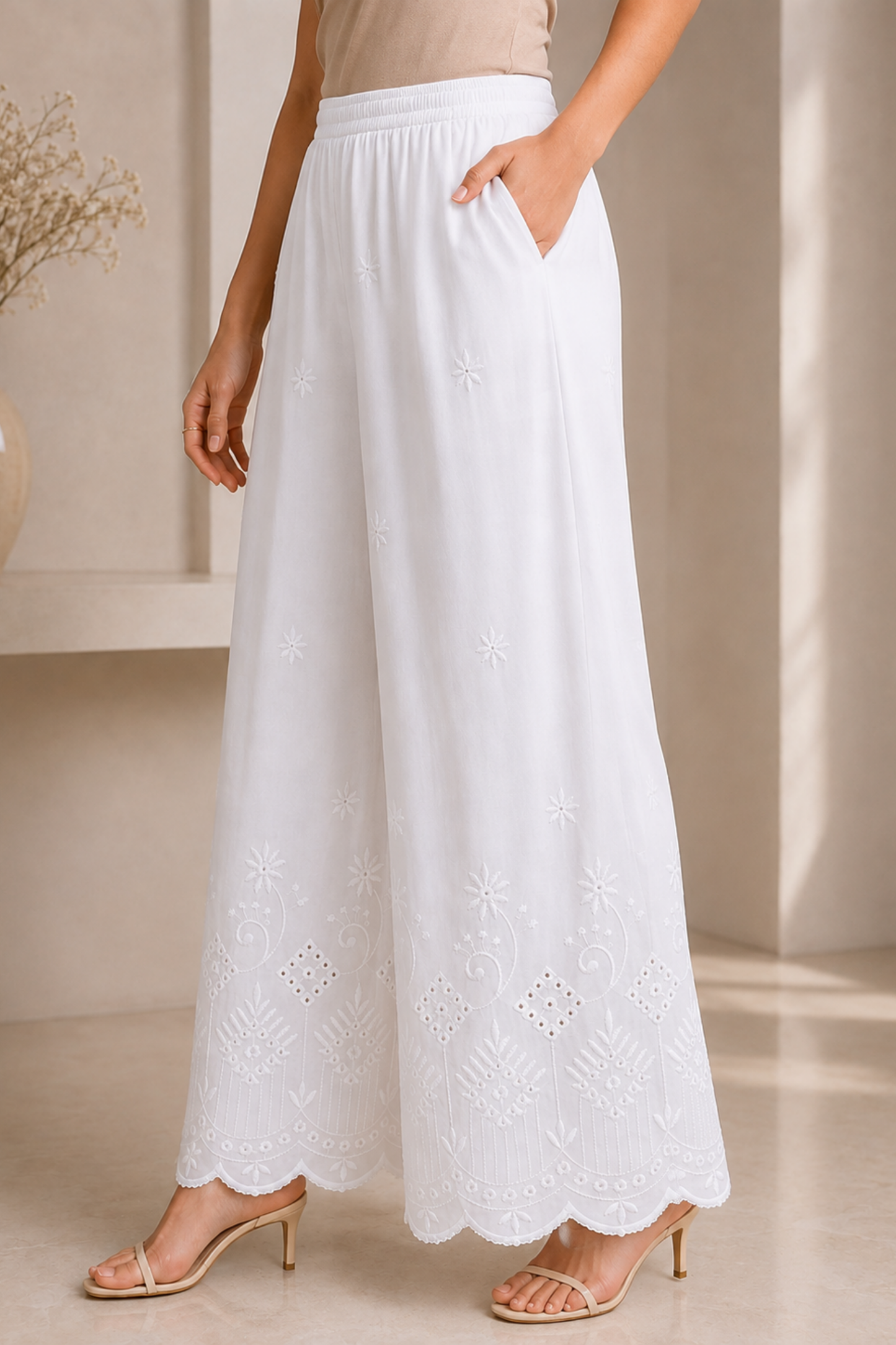 White Chikankari Flared Palazzo Pant