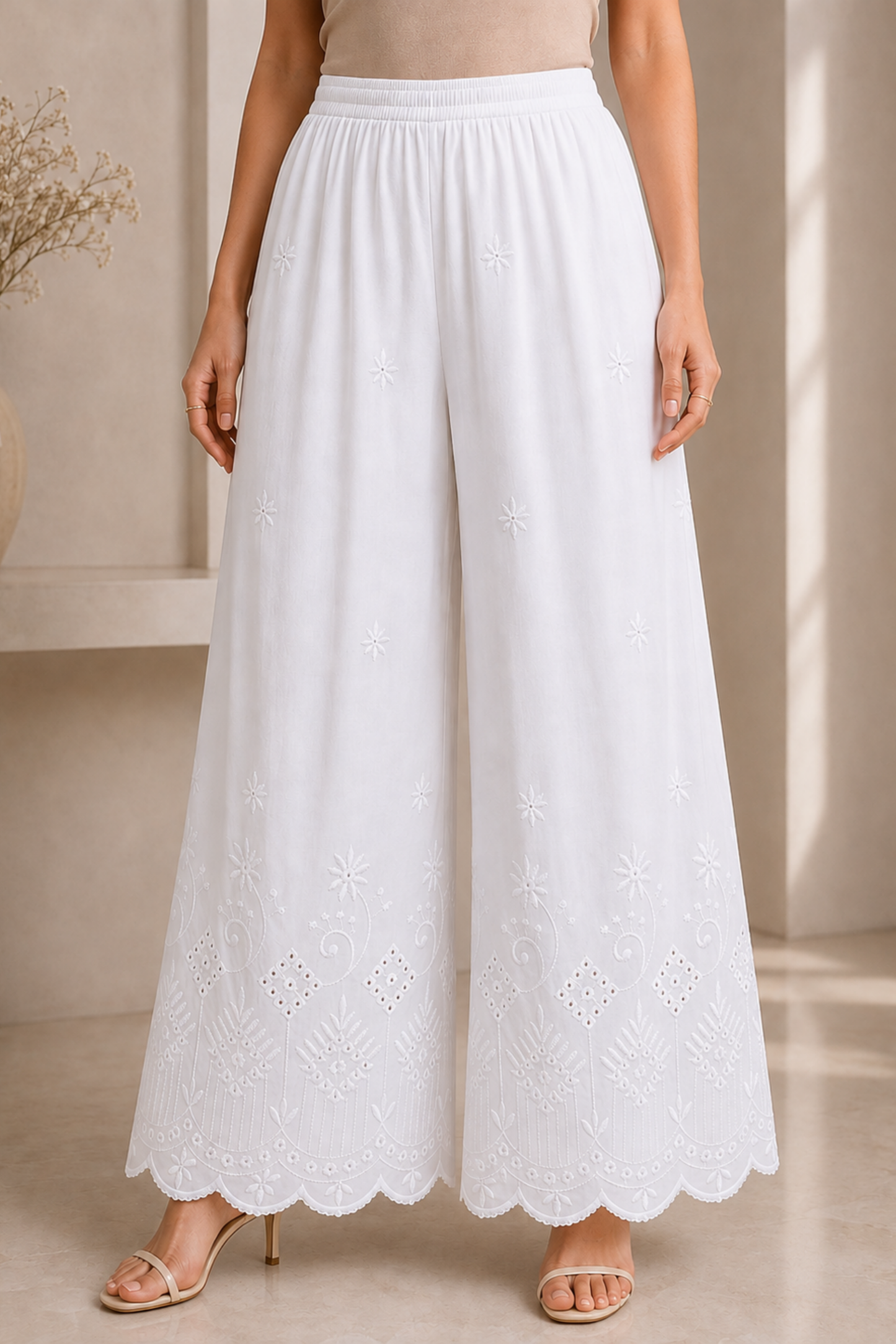 White Chikankari Flared Palazzo Pant