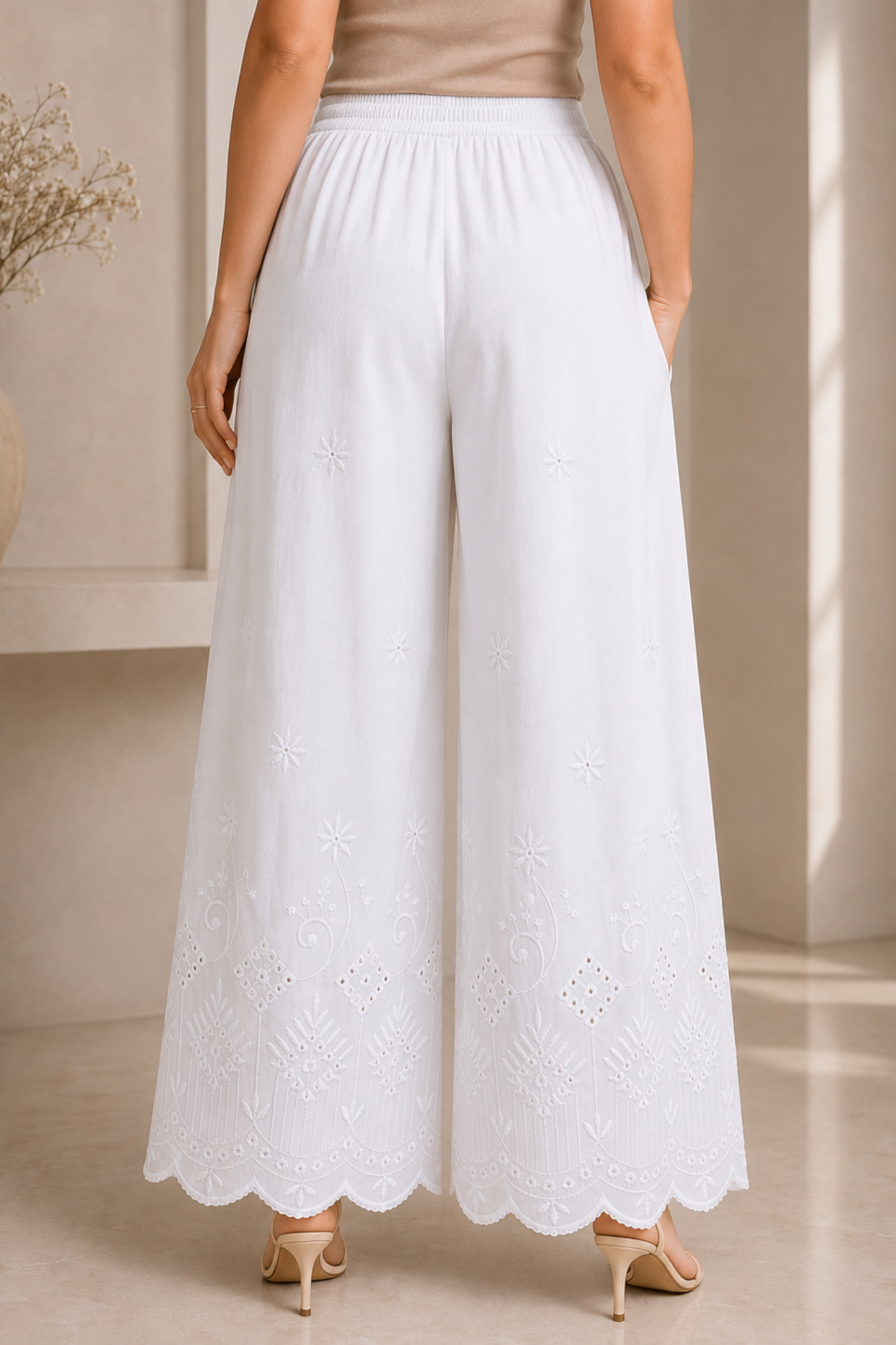 White Chikankari Flared Palazzo Pant