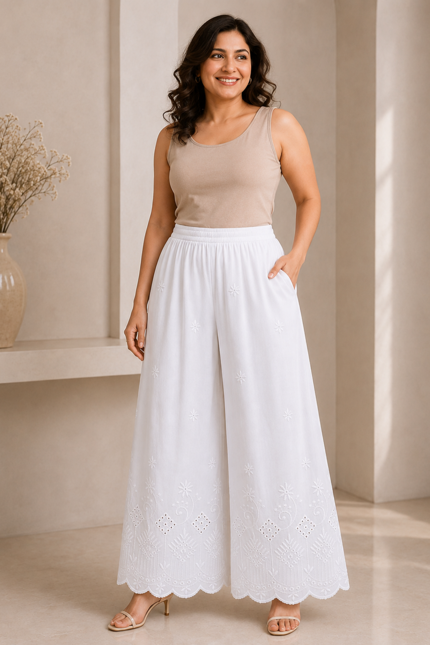 White Chikankari Flared Palazzo Pant