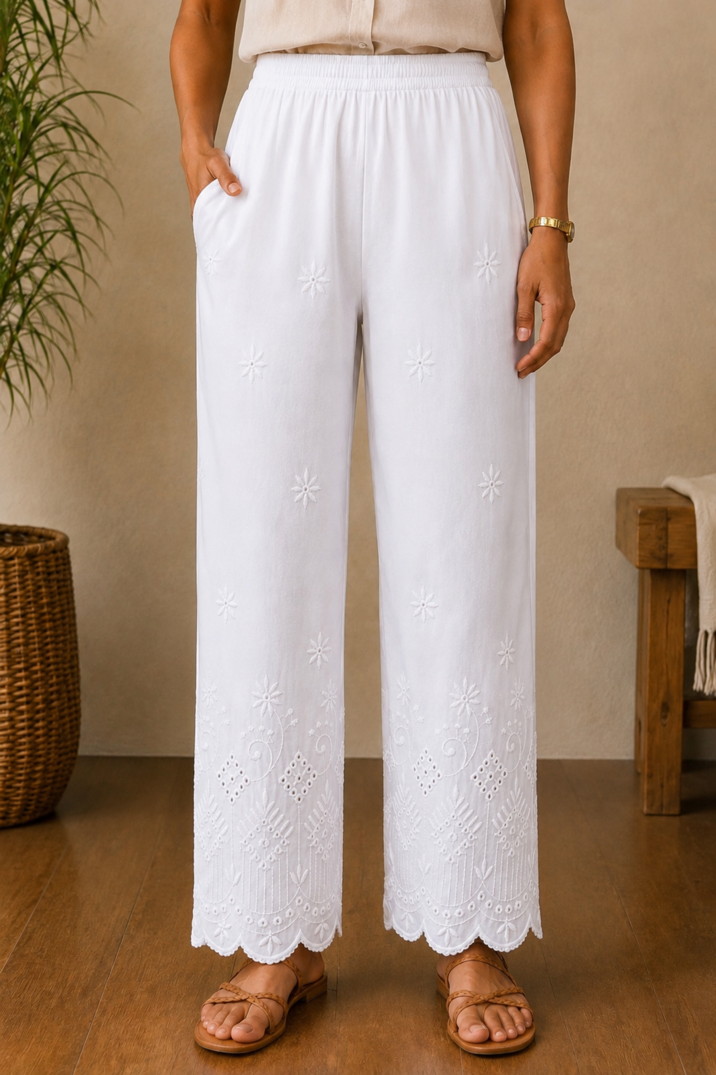 White Chikankari Pant Palazzo