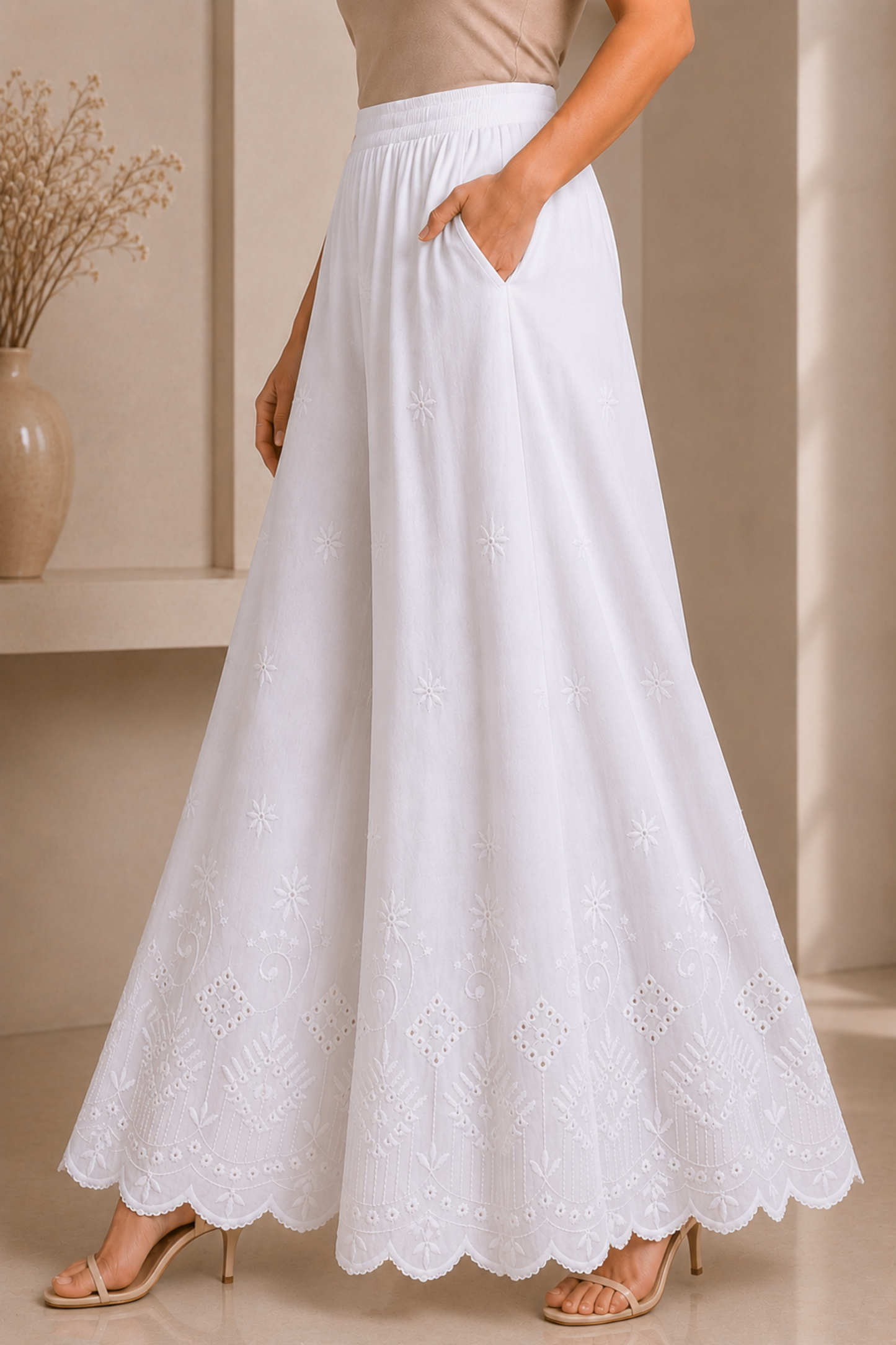 White Chikankari Skirt Palazzo