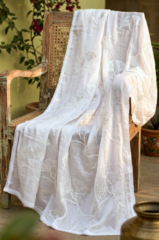 White Chinnon Embroidery Dupatta