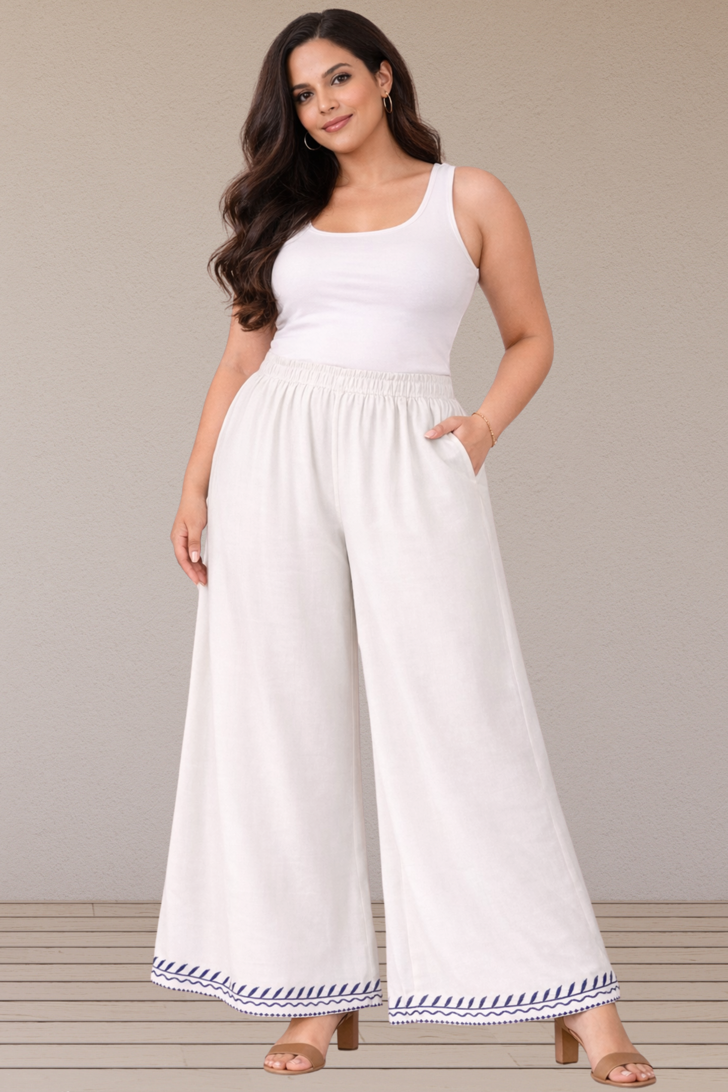 White Detailed Rayon Palazzo