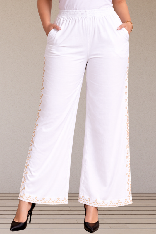 White Embroidered Cotton Palazzo
