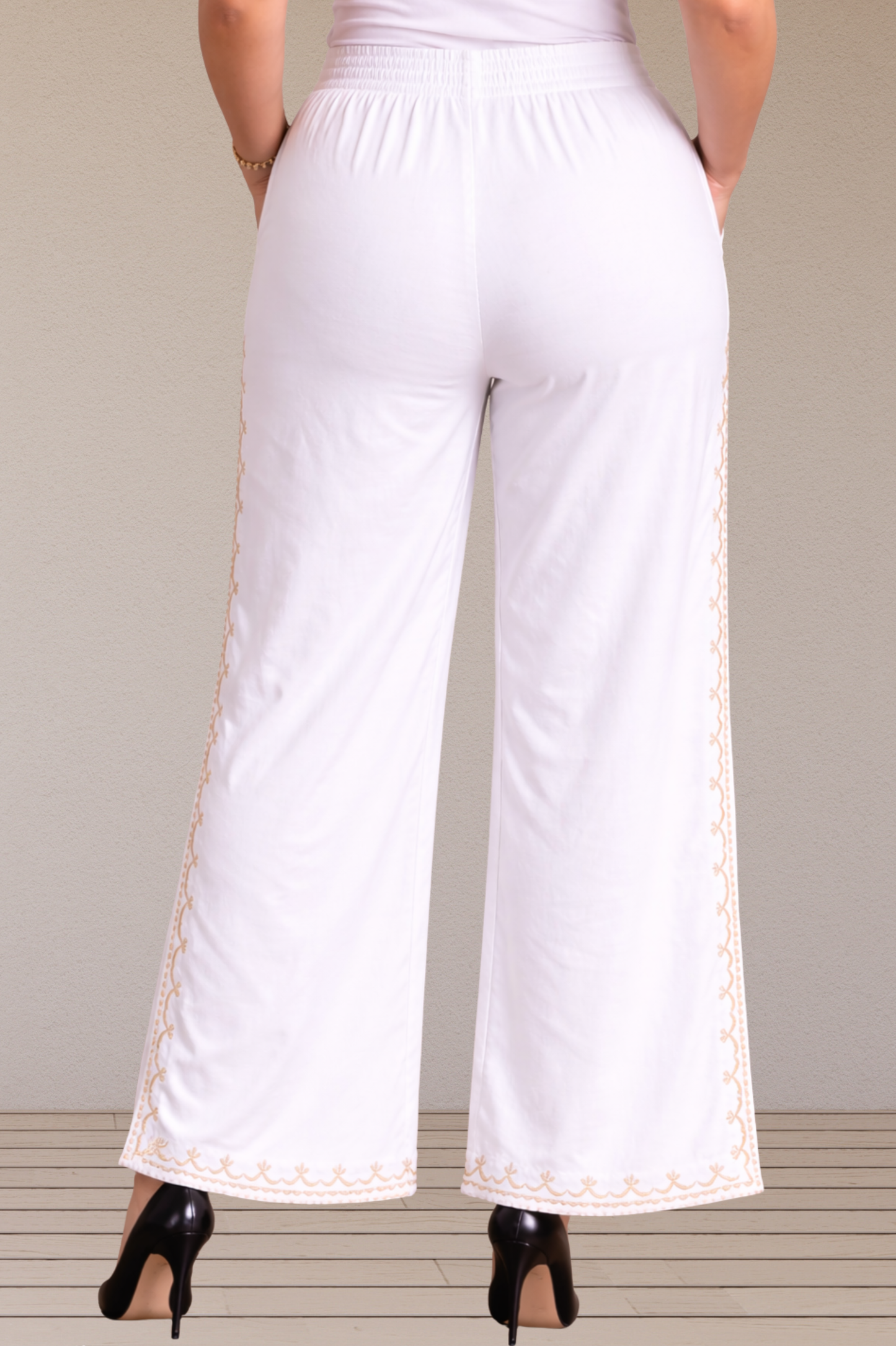 White Embroidered Cotton Palazzo