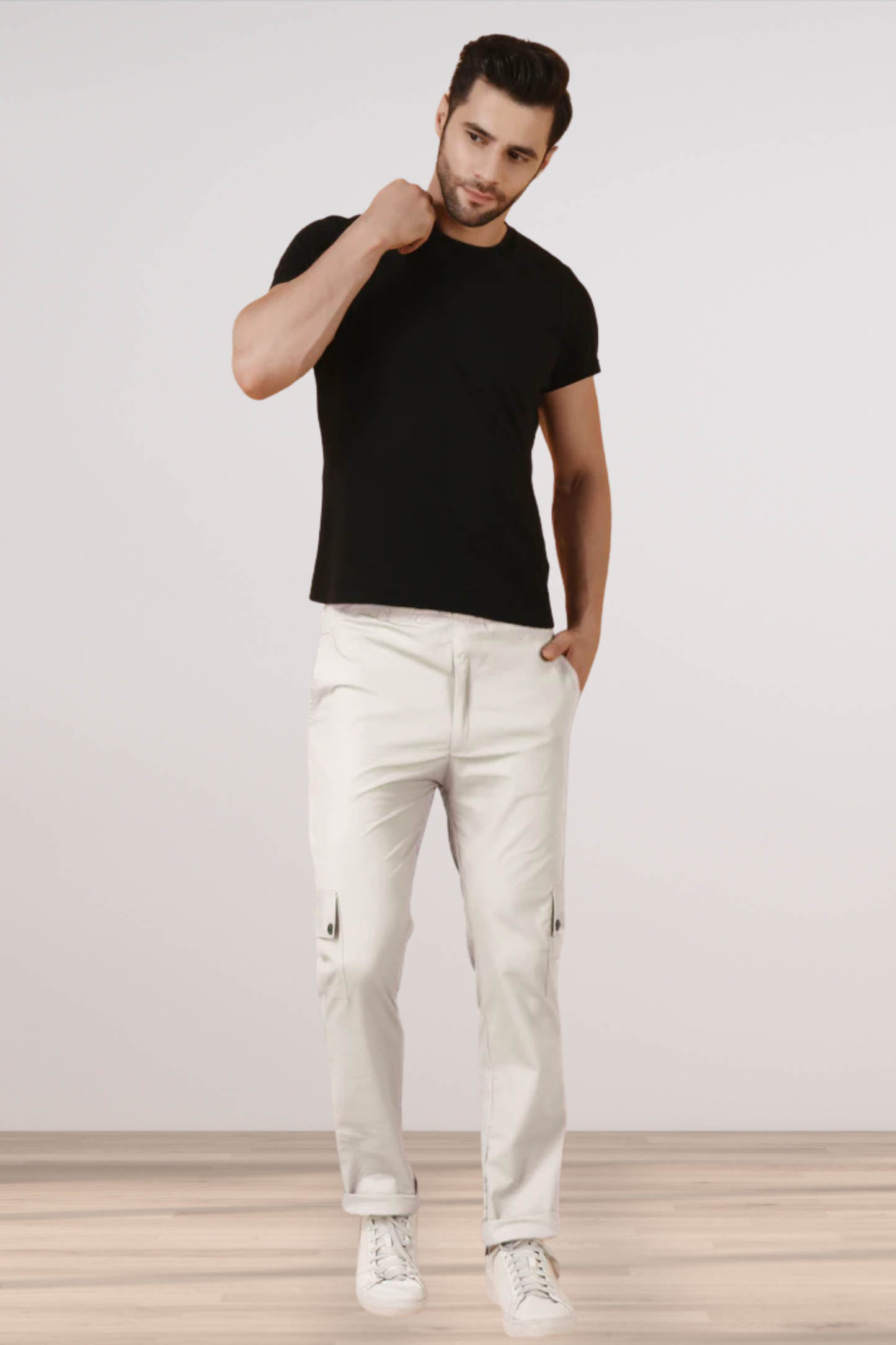 White Solid Cotton Cargo Pants- 4 Pocket