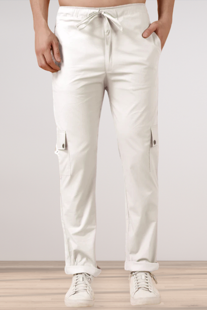 White Solid Cotton Cargo Pants- 4 Pocket