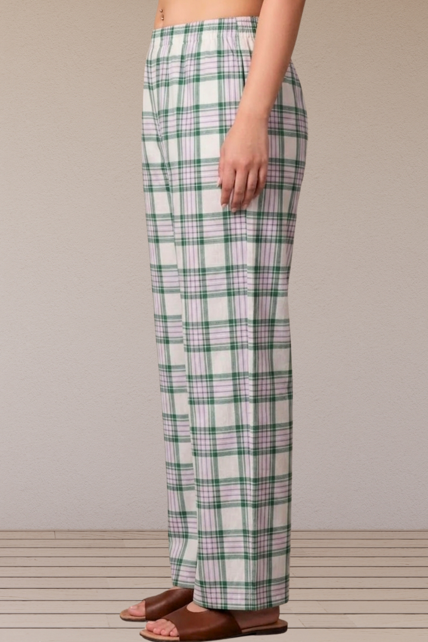 White & Green Checked Cotton Pajama Pant