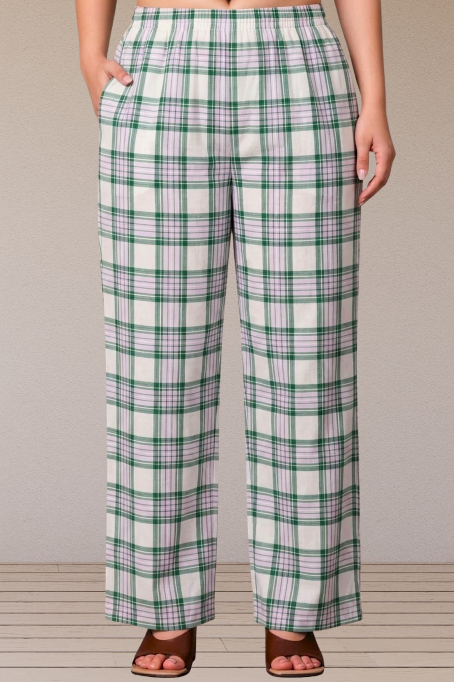 White & Green Checked Cotton Pajama Pant
