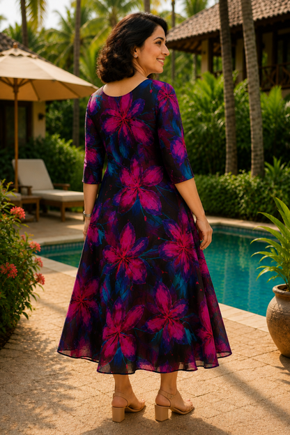 Wild Orchid Floral Calf Dress With Pockets