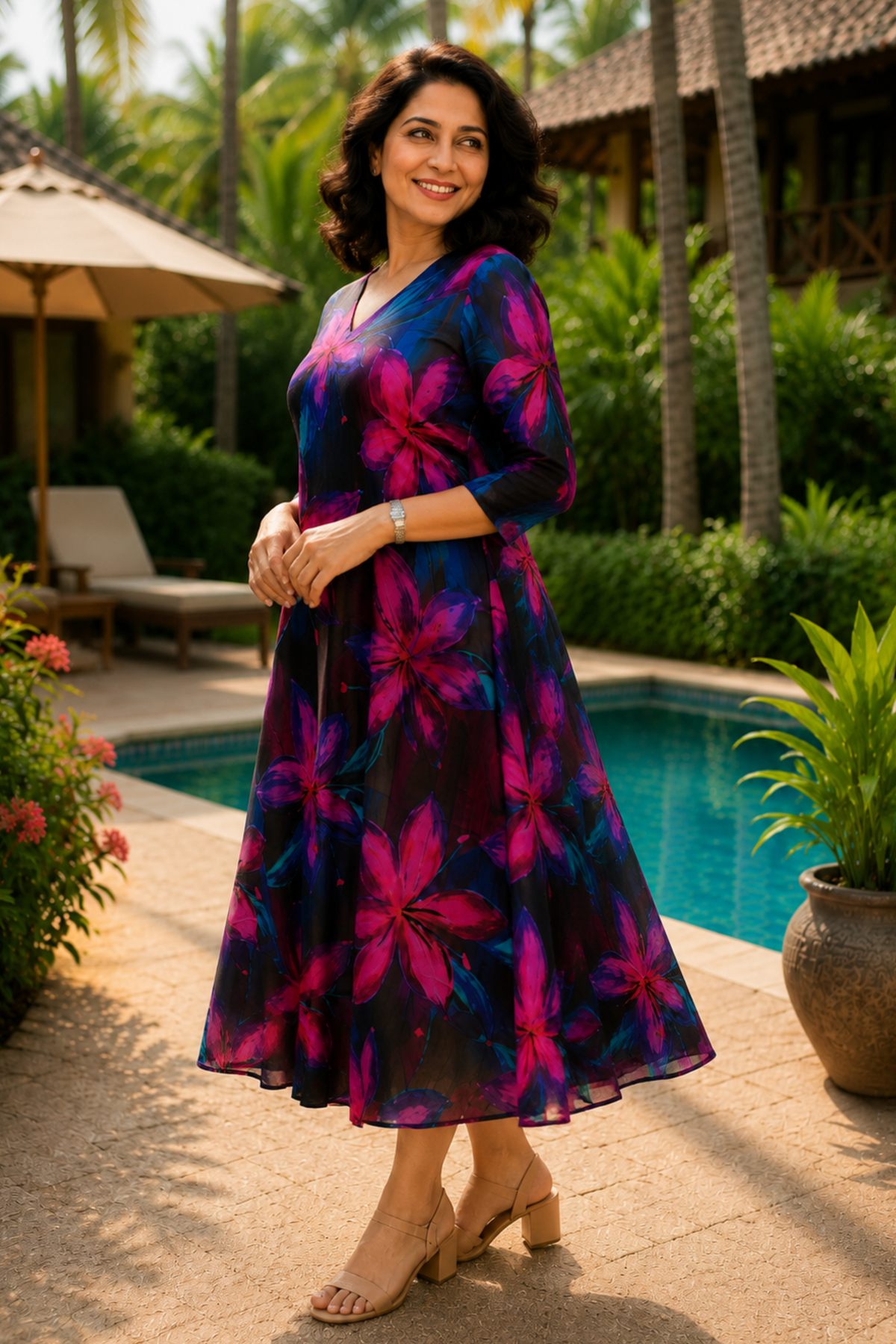 Wild Orchid Floral Calf Dress With Pockets