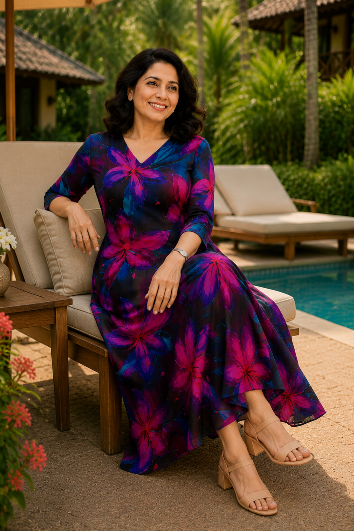 Wild Orchid Floral Calf Dress With Pockets