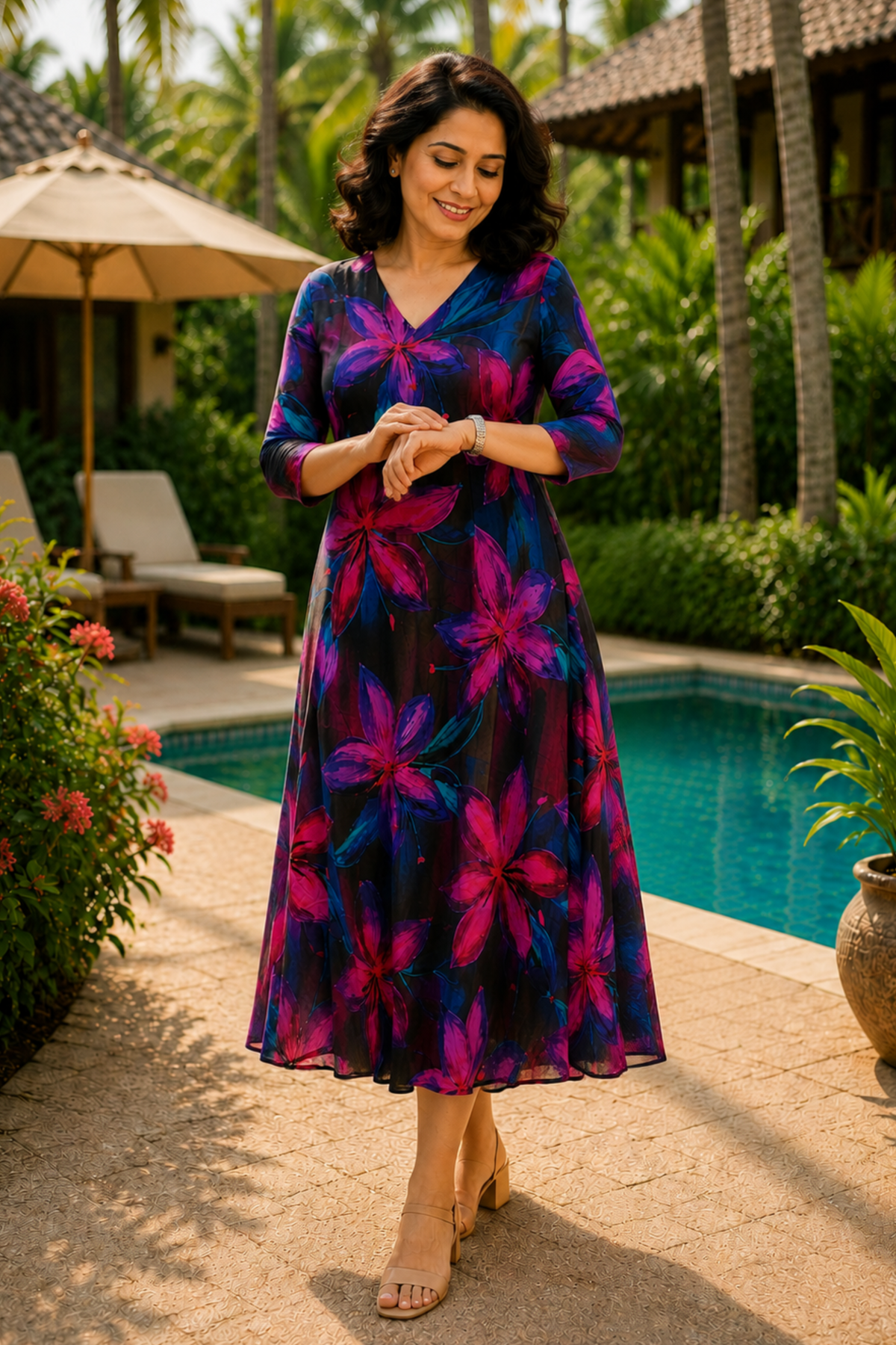 Wild Orchid Floral Calf Dress With Pockets