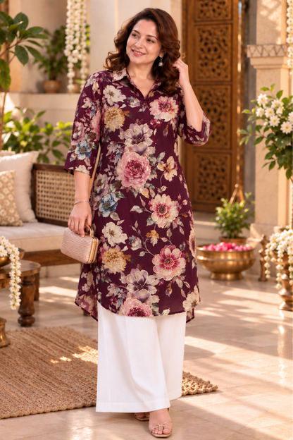 Wine Rose Foiled Crepe Kurta With Pockets
