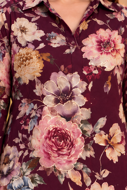 Wine Rose Foiled Crepe Kurta With Pockets