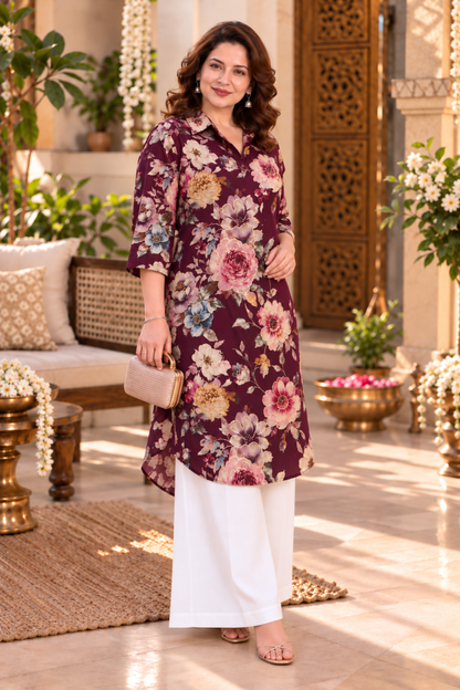 Wine Rose Foiled Crepe Kurta With Pockets