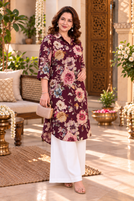 Wine Rose Foiled Crepe Kurta With Pockets