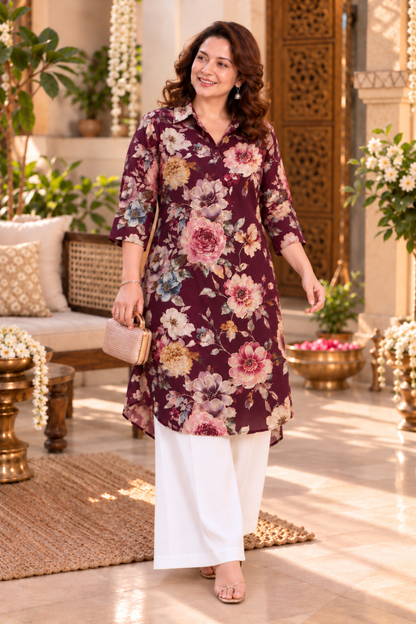 Wine Rose Foiled Crepe Kurta With Pockets
