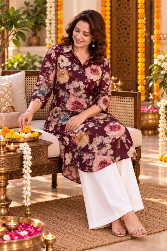 Wine Rose Foiled Crepe Kurta With Pockets