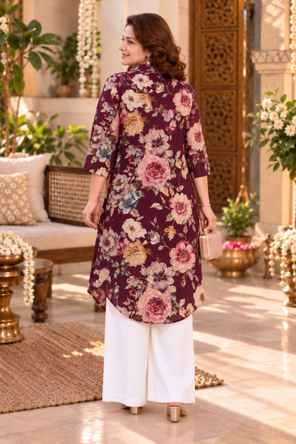 Wine Rose Foiled Crepe Kurta With Pockets
